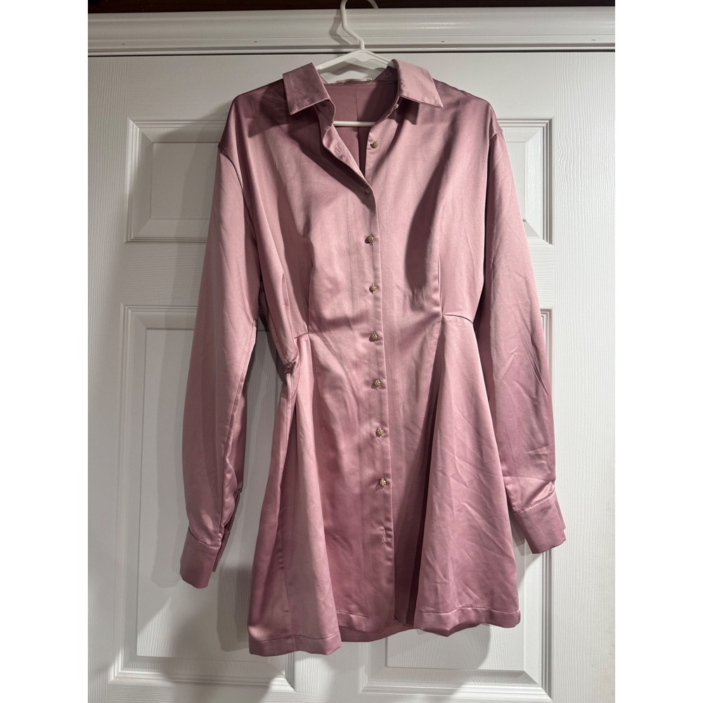 Commense Pink Satin Long Sleeve Mini Shirt Dress Gold Button Cinched Waist M